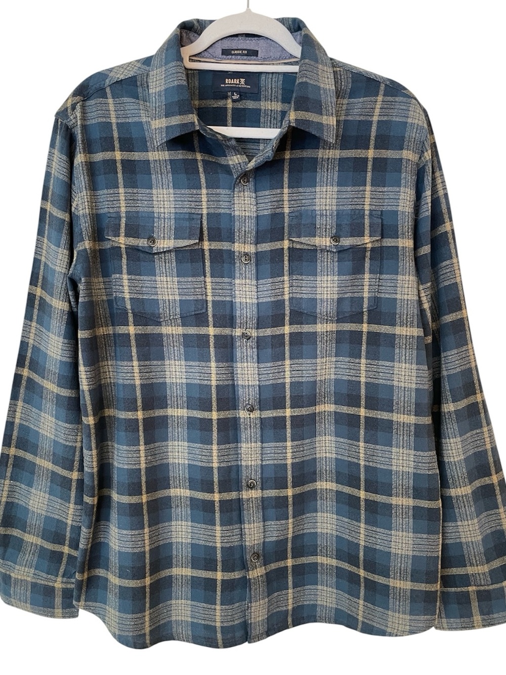 Roark Kemp Mens Button Up Shirt L Blue Plaid Cotton Long Sleeve Casual Fall Work